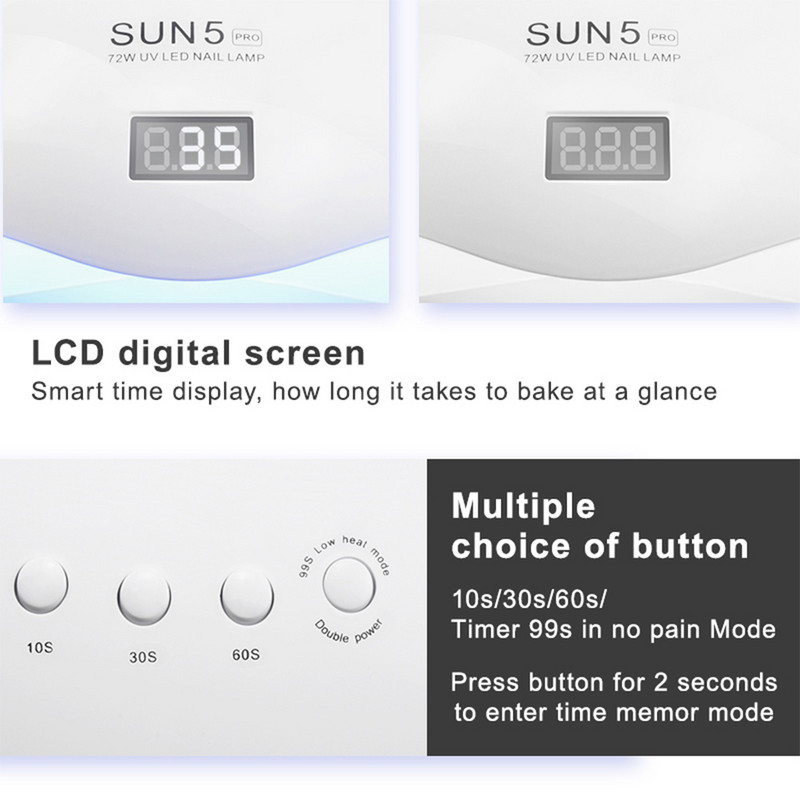 72 W SUN5 Pro UV lámpa LED körömlámpa körömszárító minden gélhez. Napfény infravörös érzékelő 10/30/60 mp időzítő Smart For manikűr