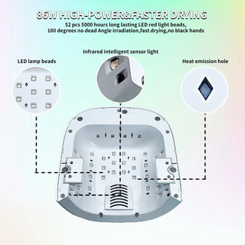 Επαναφορτιζόμενη λάμπα νυχιών 86W Red Light Gel Polish Dryer Wireless Nail Gel Cure Light Λάμπες μανικιούρ Ασύρματη λάμπα νυχιών UV LED
