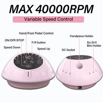 40000 RPM Електрическа бормашина за нокти, сравнима с безчетков Efile с функция за пауза за бормашина за акрилен маникюр