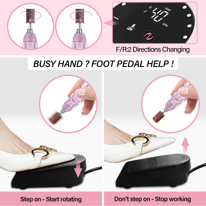 Mașină electrică de găurit unghii, 40000 rpm, comparabilă cu Efile fără perii, cu funcție de pauză pentru burghiul acrilic pentru manichiură de salon de unghii