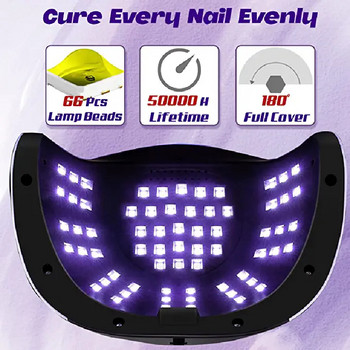 280W UV LED Λάμπα στεγνώματος νυχιών για ωρίμανση νυχιών Gel Polish 66LEDS Smart Nail Dryers With Motion Sensing UV Lamp for Manicure Salon