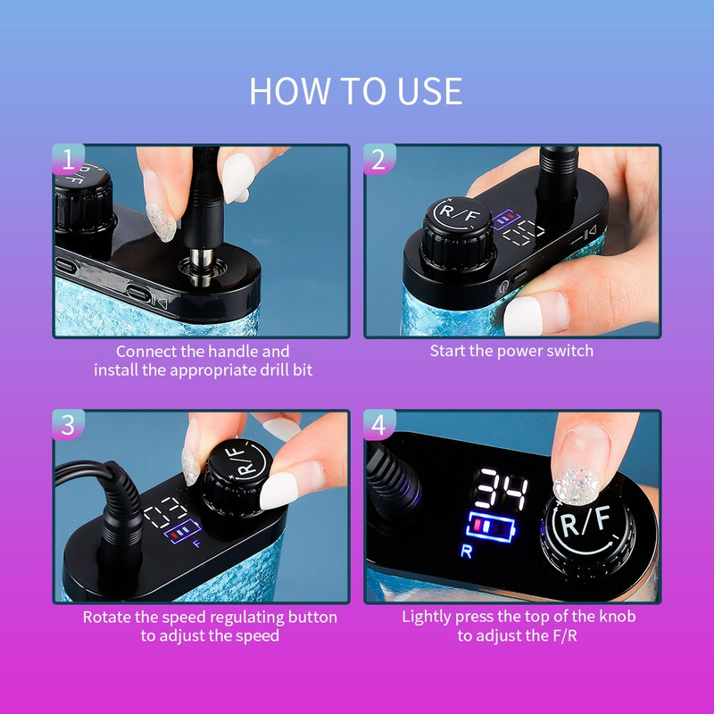 Mașină de găurit unghii fără fir de 35000 rpm Mașină portabilă de unghii Îndepărtare rapidă a unghiilor Manichiură puternică pentru lustruire Freză