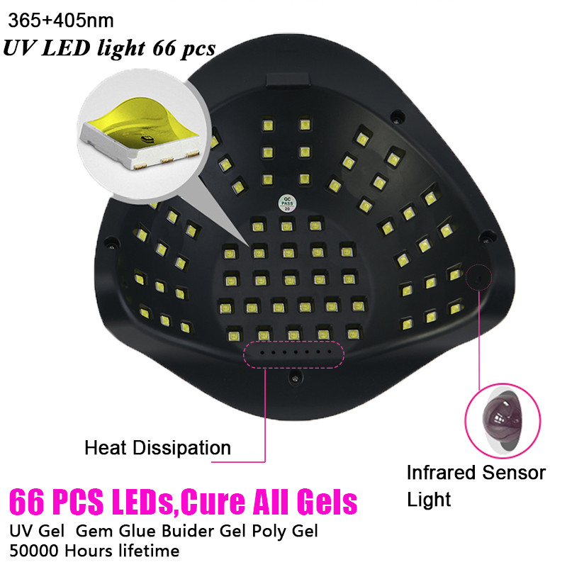 Didelės galios 132 W UV LED nagų džiovintuvo mašina 66LEDs nagų gelio lako džiovintuvas, nešiojamas profesionalus žibintas, skirtas greitai išdžiūti geliniam nagų lakui