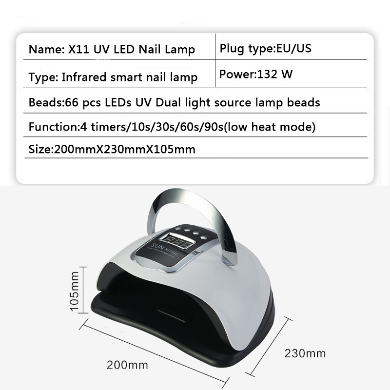 Didelės galios 132 W UV LED nagų džiovintuvo mašina 66LEDs nagų gelio lako džiovintuvas, nešiojamas profesionalus žibintas, skirtas greitai išdžiūti geliniam nagų lakui
