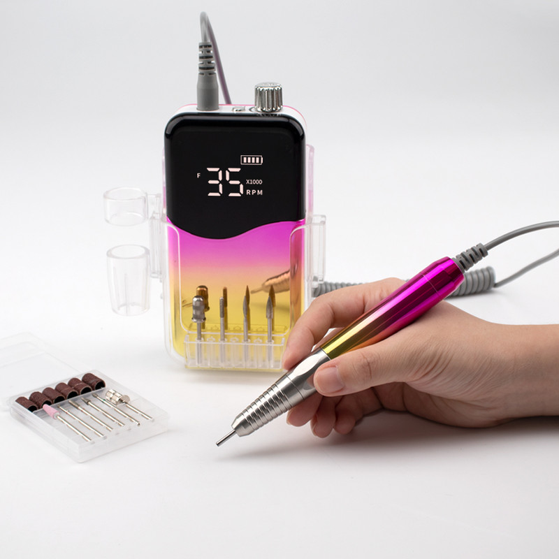 85 W bešepetis stalinis kompiuteris, 35000 RPM gradiento spalvos rankena, įkraunamas nagų gręžtuvas, nešiojamas belaidis elektrinis nagų gręžimo staklių rinkinys