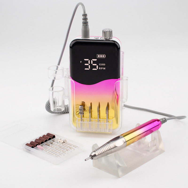 85 W bešepetis stalinis kompiuteris, 35000 RPM gradiento spalvos rankena, įkraunamas nagų gręžtuvas, nešiojamas belaidis elektrinis nagų gręžimo staklių rinkinys