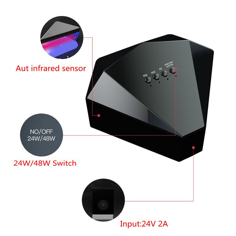 Lampă pentru unghii 48W în formă de diamant UV LED Viteză de întărire Lămpi de lac 30 LED Uscător de unghii 3 temporizatoare Senzor automat Kit de manichiură pentru unghii