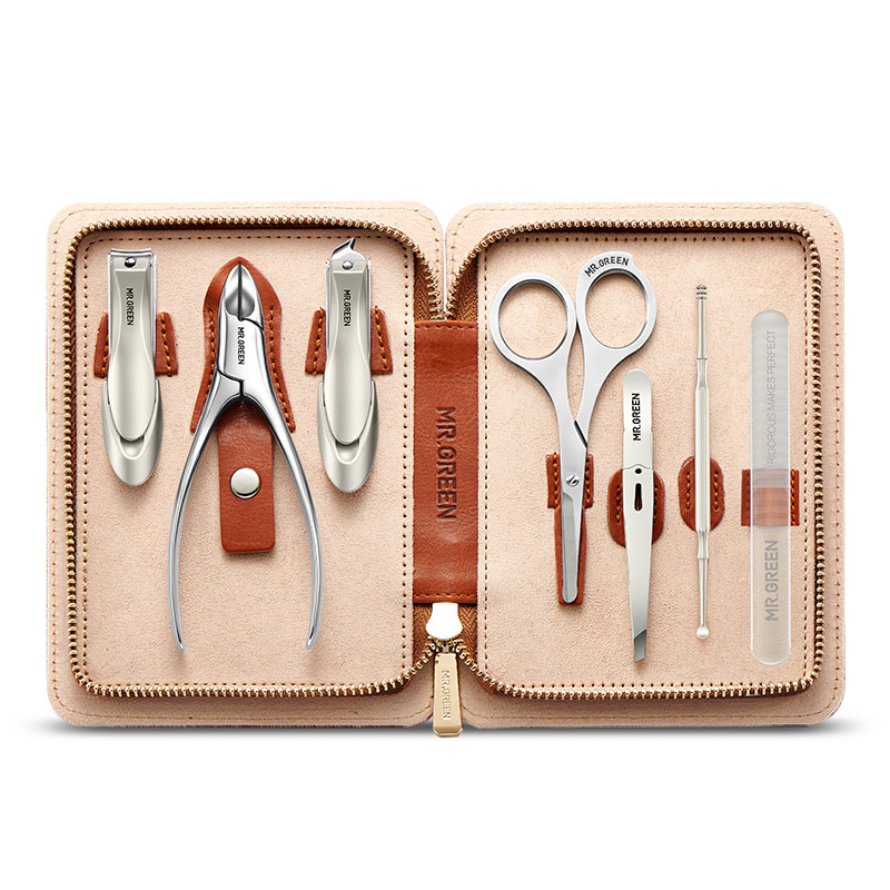 MR.GREEN Set za manikuru s kožnom torbicom 7 u 1 Profesionalni set alata za njegu stopala i lica Kompleti škarica za nokte od nehrđajućeg čelika Poklon