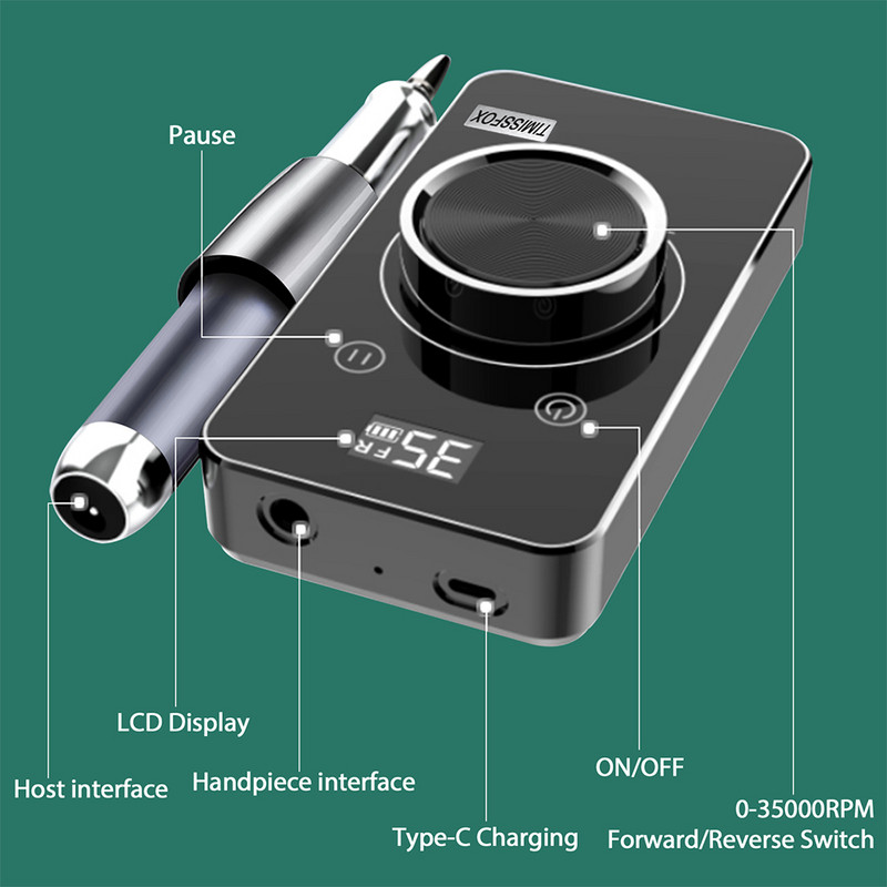 Nagų gręžimo mašina 35000 RPM įkraunama belaidė manikiūro mašina nagams Importo variklis Profesionalus elektrinis nagų šlifuoklis