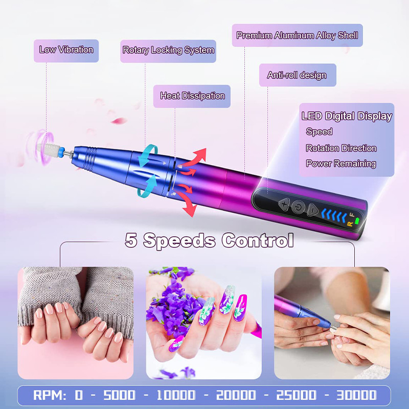 30000 RPM belaidė elektrinė nagų gręžimo mašina Profesionalus šlifuoklis nagams Įkraunamas manikiūro rašiklis pedikiūrui, geliniam poliravimui