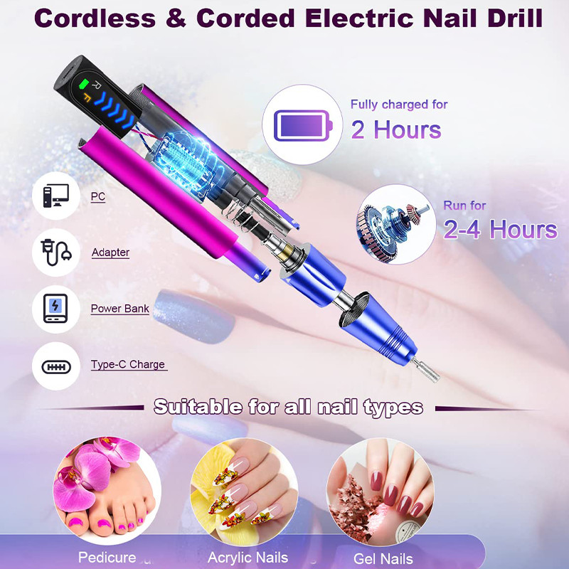 30000 RPM belaidė elektrinė nagų gręžimo mašina Profesionalus šlifuoklis nagams Įkraunamas manikiūro rašiklis pedikiūrui, geliniam poliravimui
