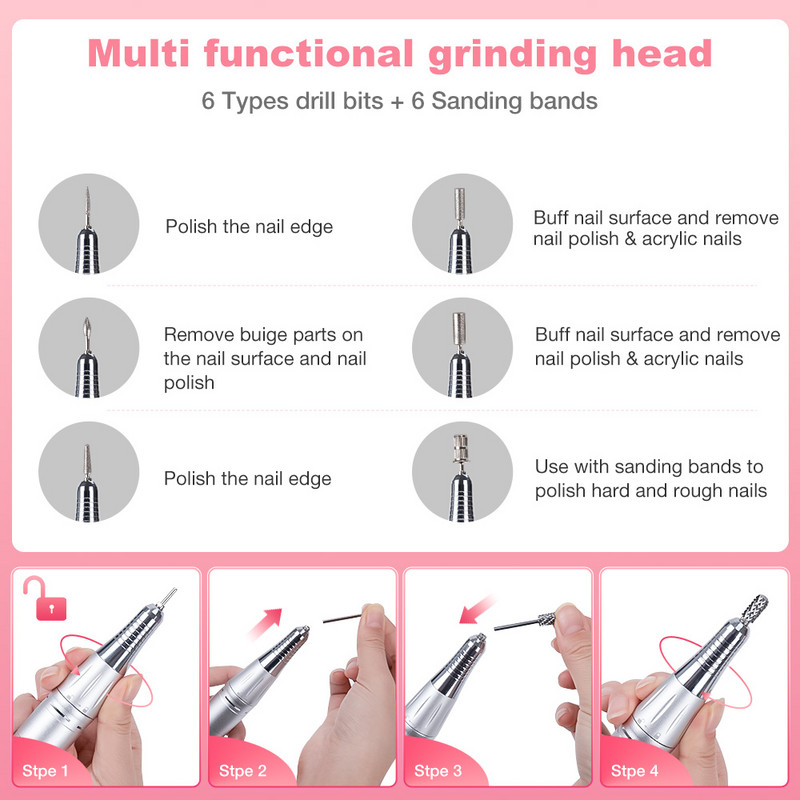 Naujas rankinis instrumentas 35000 RPM elektrinis nagų gręžimo staklių rinkinys Elektrinis manikiūro staklių rinkinys Priedų pedikiūro rinkinys Ceram