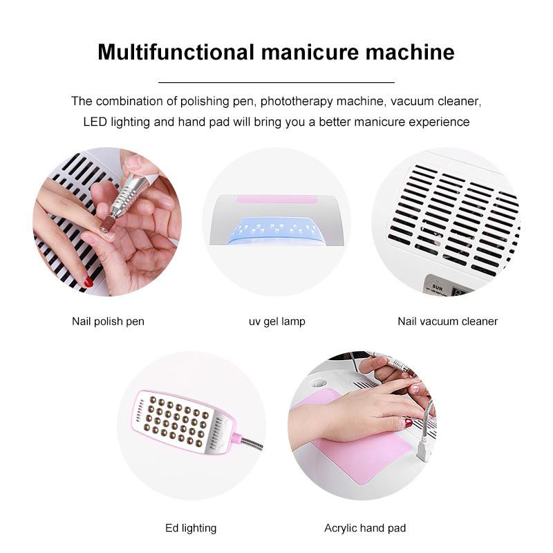 Polizor de unghii 5 în 1 Uscător de unghii Lampă de fototerapie LED multifuncțional Aspirator Mașină integrată Pernă de mână Instrument pentru arta unghiilor
