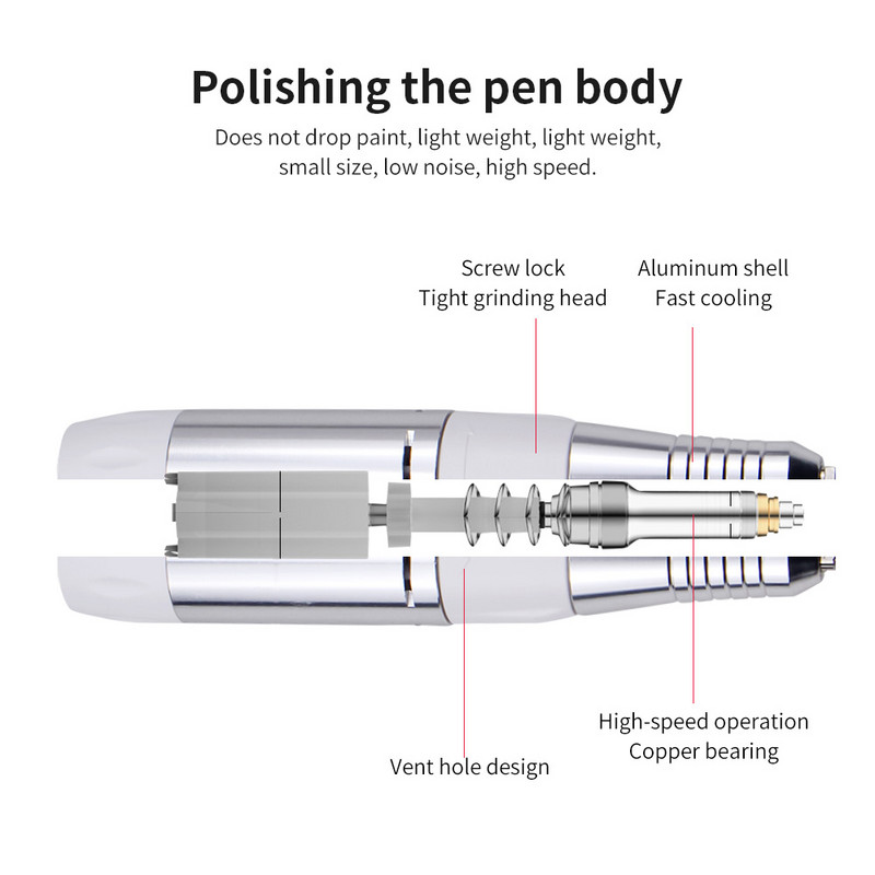 Pro 35000RPM nagų gręžimo mašina nerūdijančio plieno rankena Balta rožinė juoda 3 spalvų pasirinkimo aksesuaras nagų dailės įrankis