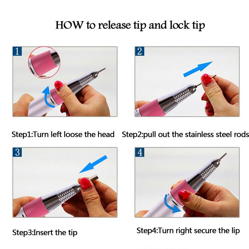 Pro 35000RPM nagų gręžimo mašina nerūdijančio plieno rankena Balta rožinė juoda 3 spalvų pasirinkimo aksesuaras nagų dailės įrankis