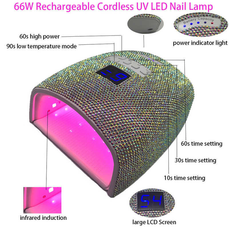 Bling Rhinestones Vezeték nélküli újratölthető UV LED körömlámpa zselélakk kikeményítő maquina de unha em gél secador UV Cabine Nail Tools