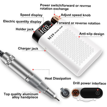 Машина за пробиване на нокти LCD дисплей Преносим акумулаторен комплект фрези за маникюр Пили за нокти Свредла Инструменти за премахване на гел лак