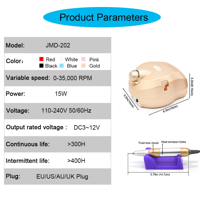 35000 RPM elektrinė nagų gręžimo mašina, skirta profesionaliam manikiūro nagų poliruokliui šlifuoti nagus priedai