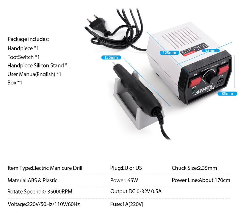 Cutie de control 65W Strong 204 35000RPM 30V Strong 210 102L Micromotor Piesă de mână Mașină electrică de manichiură Set freze pentru găurit unghii