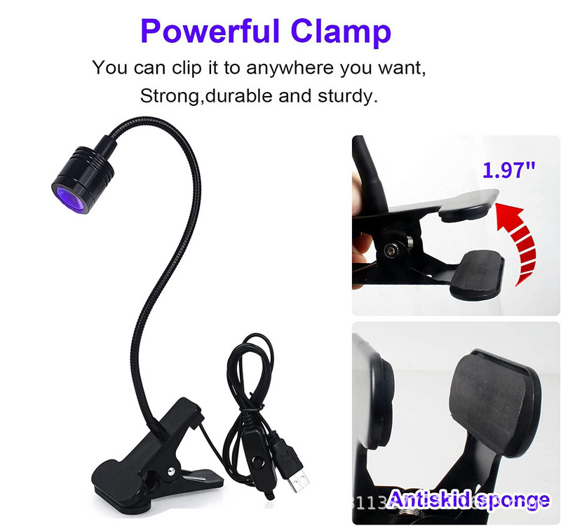 Lumini ultraviolete cu LED Lootaan Lampă UV cu tub metalic cu clipsă USB Mini lumină UV pentru polimerizare cu gel Lampă de birou Uscător de unghii pentru instrumente de artă unghiilor