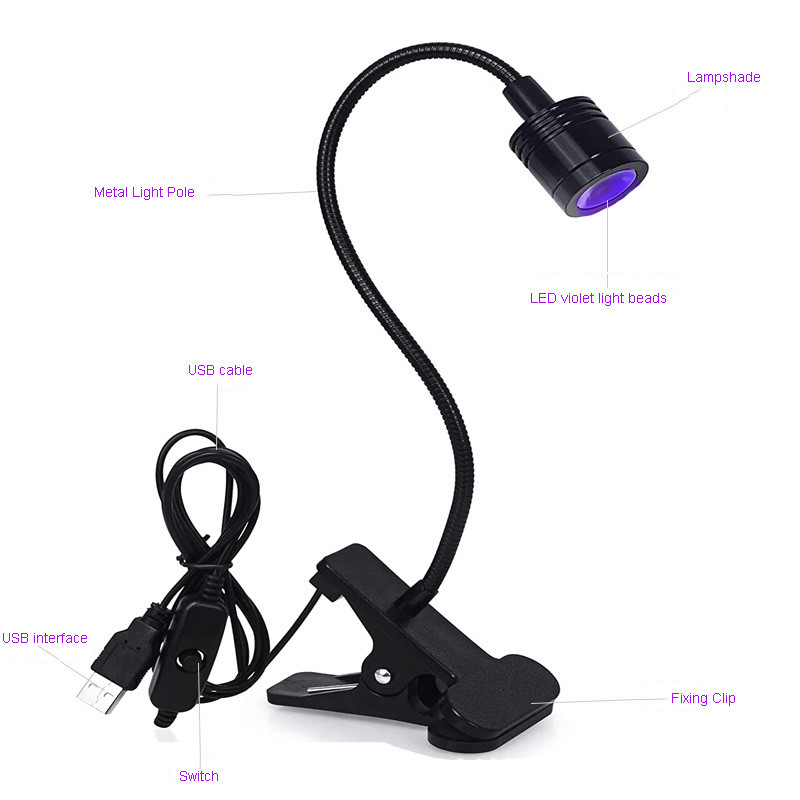 Lumini ultraviolete cu LED Lootaan Lampă UV cu tub metalic cu clipsă USB Mini lumină UV pentru polimerizare cu gel Lampă de birou Uscător de unghii pentru instrumente de artă unghiilor