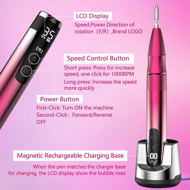 35000RPM punjiva bušilica za nokte Bežični prijenosni stroj za manikuru Turpija za bušilicu za nokte s HD LCD zaslonom na dodir