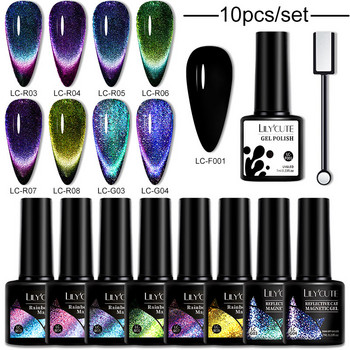 LILYCUTE 10 ΤΕΜ/ΣΕΤ Cat Magnetic Gel Nail Polish Σετ 9D Reflective Glitter Gel Semi Permanent UV Gel Soak Off Sparkling Nail Art