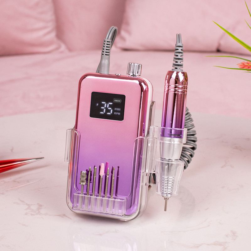Mali zaslon 35000RPM Prijenosna bušilica za nokte sa stolnom bazom Bežična baterijska bušilica Ružičasta ručka Bežična ljubičasta