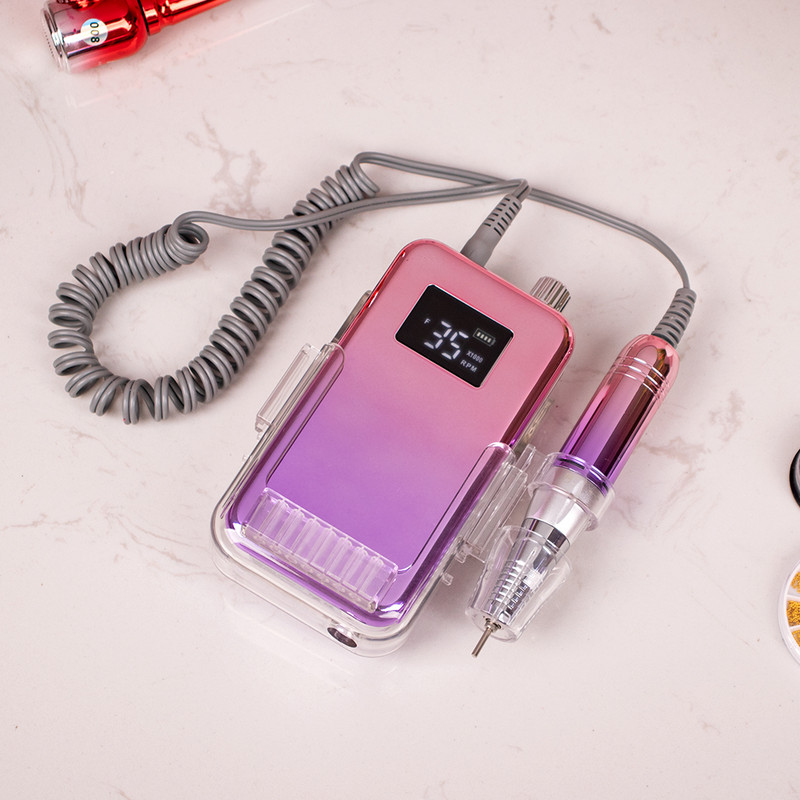 Mali zaslon 35000RPM Prijenosna bušilica za nokte sa stolnom bazom Bežična baterijska bušilica Ružičasta ručka Bežična ljubičasta