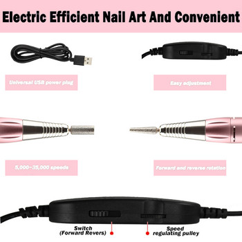Машина за пробиване на нокти 35000 RPM Електрическа машина за маникюр Комплект USB преносима писалка за пробиване на нокти за фрезоване на гел за маникюр Инструмент за салон за нокти
