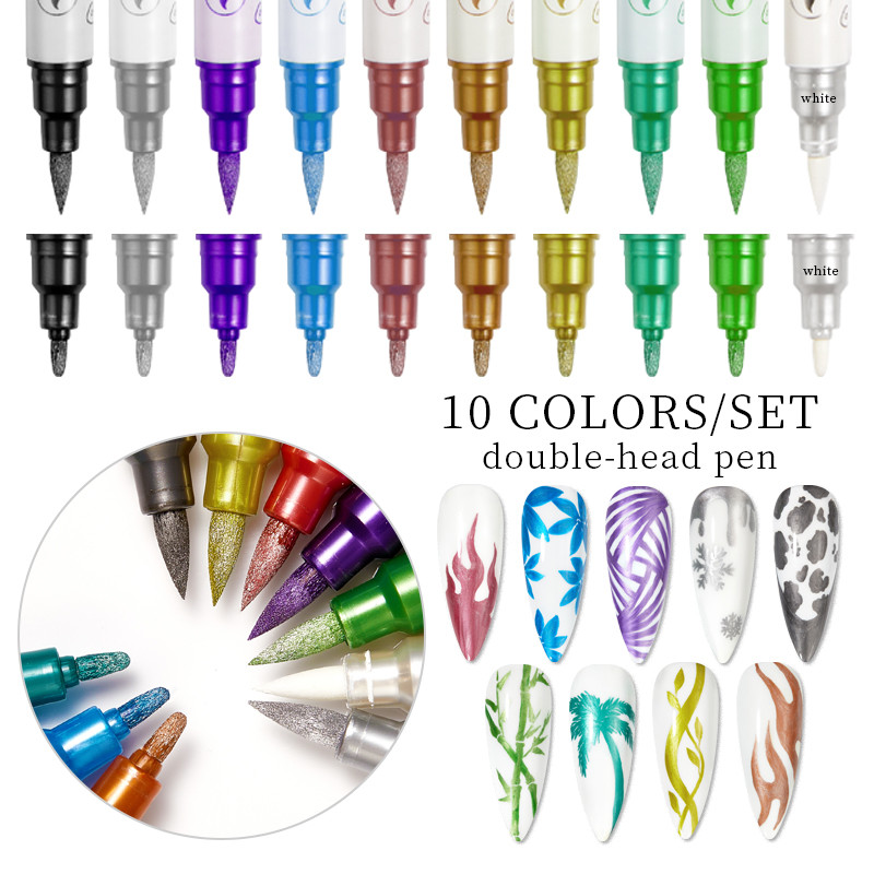 10/12 KOM Nail Art Crtanje Graffiti Olovaka Set Zlato Srebrna Olovka Vodootporna linija za slikanje Masni kist Bijeli marker Alat za nokte