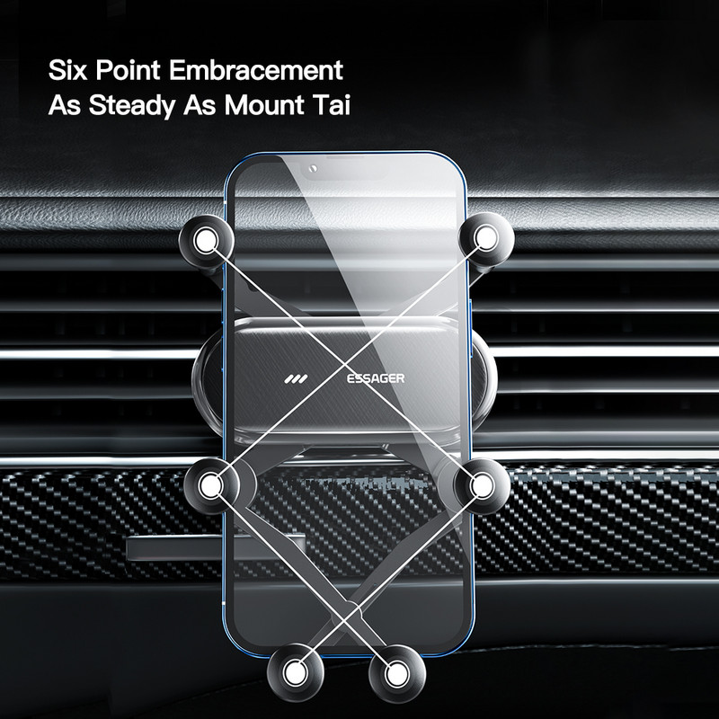 Essager Six Points Gravity automašīnas tālruņa turētājs Air Vent Clip GPS stiprinājuma statīvs iPhone 14 Samsung Xiaomi viedtālruņa turētāja atbalsts