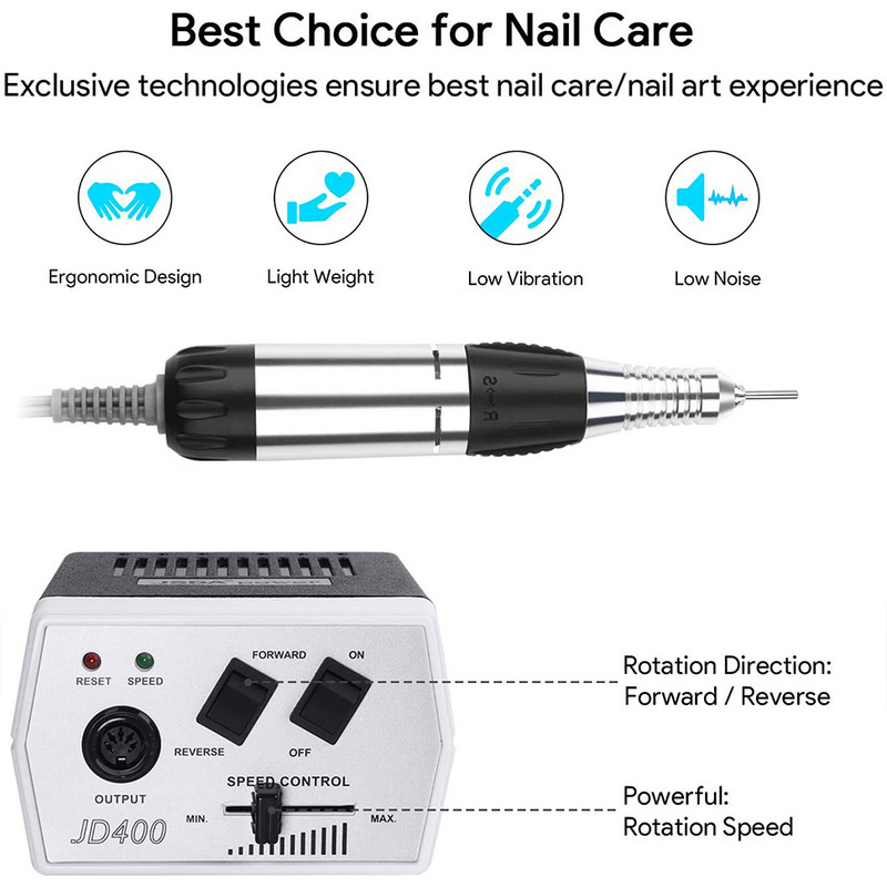 Електрическа бормашина за нокти JD400 EU Warehouse 30000RPM Мощен комплект пила за маникюр и педикюр Инструмент с фрези