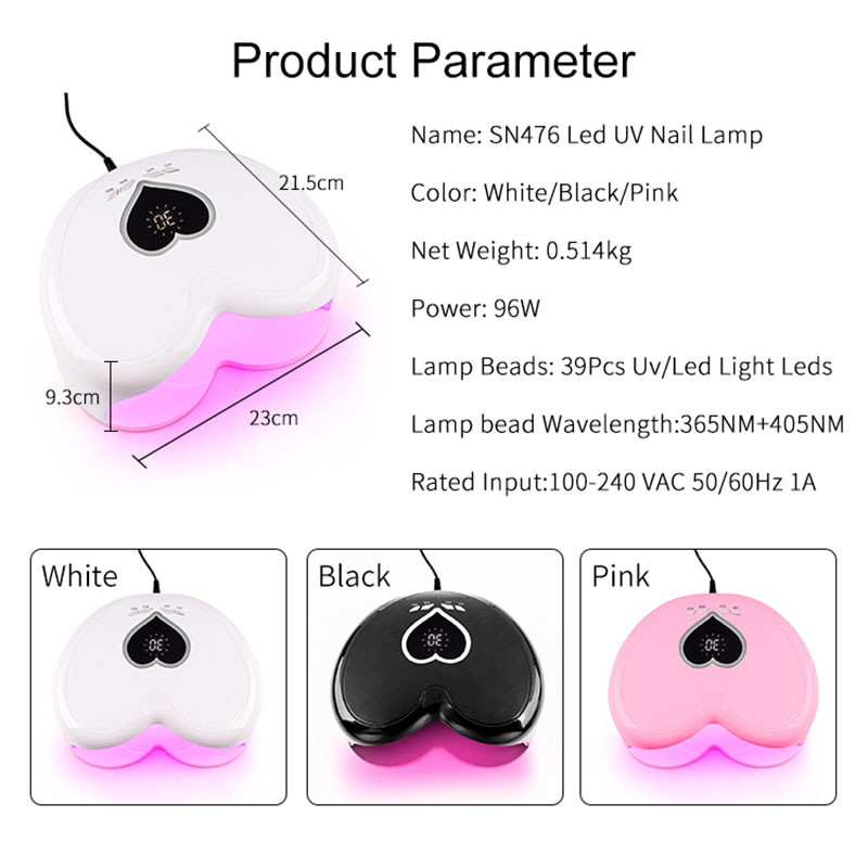 96 W-os UV-LED körömlámpa Professzionális szív alakú gél lakk gyógylámpa Pink Sun Light körömszárító manikűr gép strasszokkal