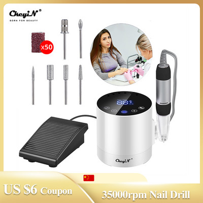 CkeyiN Nail Drill Machine 35000rpm LED Display Electric Nail Trinder Adjustable Speed Mill for Manicure with Foot Pedal Nail Tool