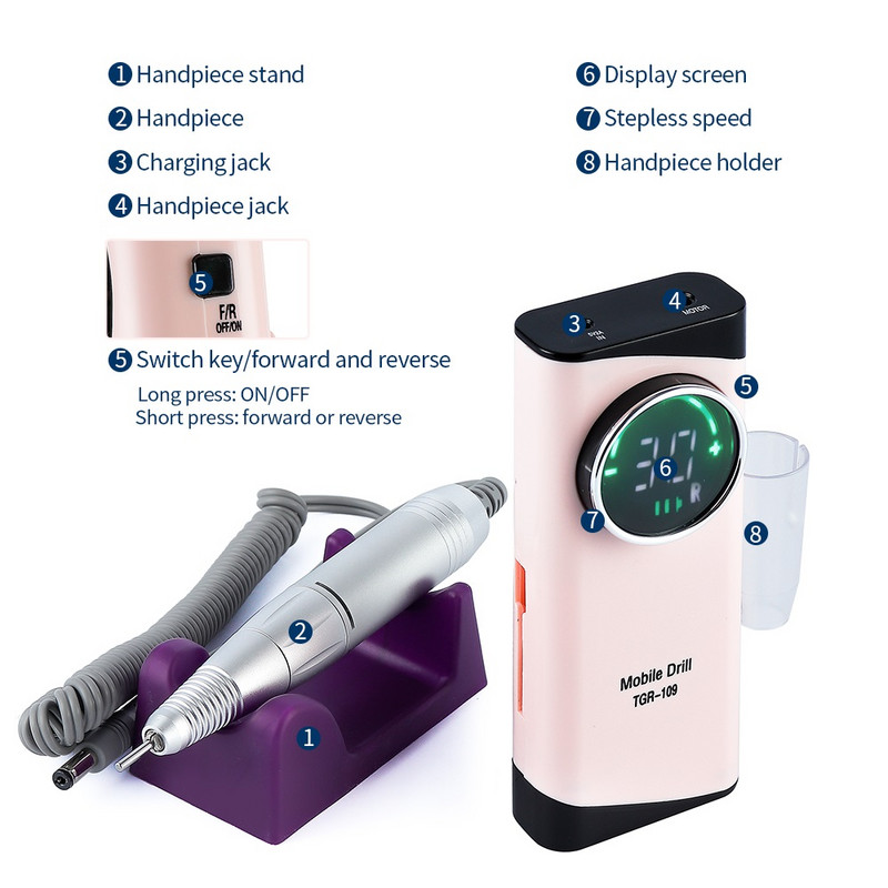 Mașină de găurit unghii 30000 RPM cu afișaj LCD HD Dispozitiv reîncărcabil de găurit unghii Exfoliere portabilă pentru îndepărtarea unghiilor cu zgomot redus