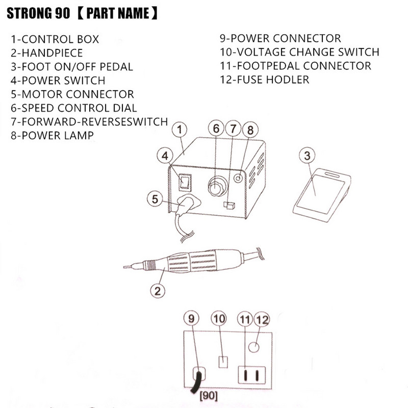65 W-os manikűrgép Strong 90 Control Box 35000RPM Black Strong 102L Mikromotoros fogantyú elektromos körömfúró készlet