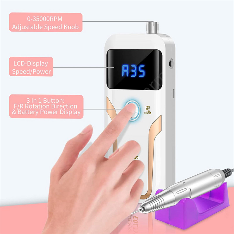 Pilă de unghii cu acumulator, electrică, reîncărcabilă, mașină profesională de găurit unghii, 35000 RPM Ponceuse Ongle Electrique Professionnel