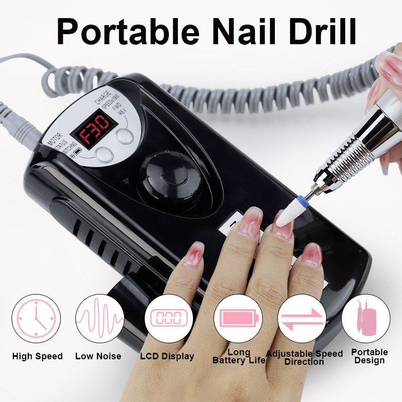Mașină electrică portabilă de găurit unghii, 30000 rpm, reîncărcabilă pentru mașină de manichiură Freze Instrument de salon de unghii cu burghie
