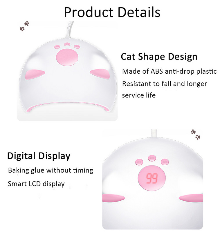 Körömlámpa 60W Mini Körömszárító Pink Cat UV LED Körömlámpa Micro USB kábel Otthoni használatra Gél Lakk Gép Körömdíszítő eszközök ÚJ