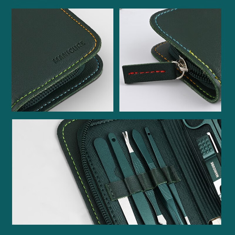 Žalias 9 vnt manikiūro rinkinys su odiniu dėklu Profesionalus pėdų ir veido priežiūros įrankių rinkinys nerūdijančio plieno nagų kirpimo mašinėlių rinkiniai Dovana