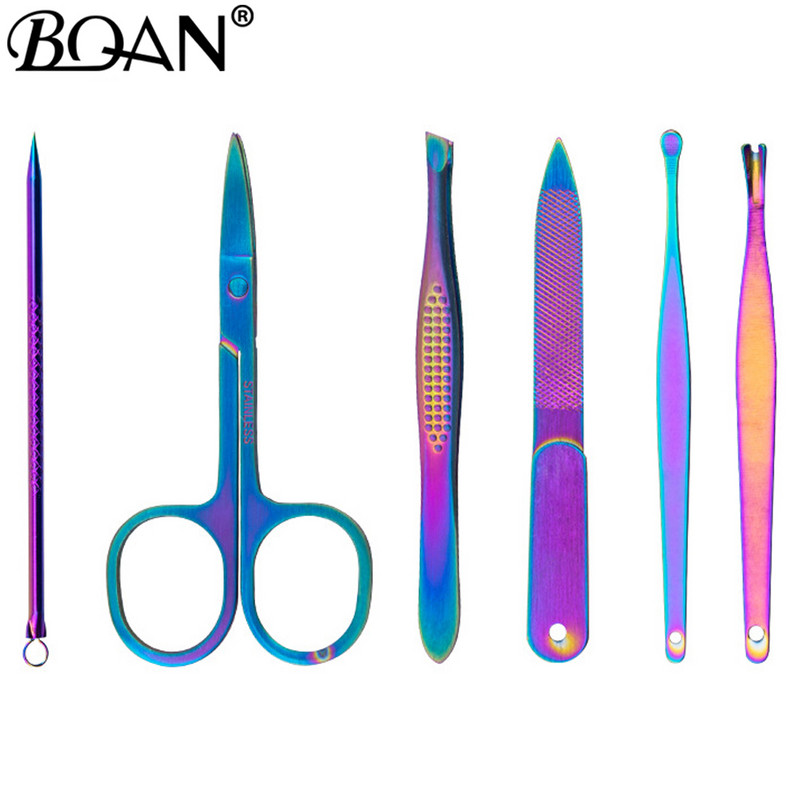 BQAN Chameleon Rainbow Nail Pusher Cuticule Clipper Scissor Nipper Пинсета Picker Steel Nail Art Инструменти