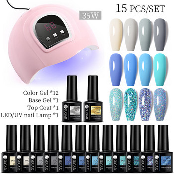 UR SUGAR 15Pcs 9Pcs Glitter Nail Gel Polish Σετ με 36W Κιτ στεγνωτηρίου με λάμπα νυχιών με Bose Gel And Top Coat Nail Art Varish Manicure