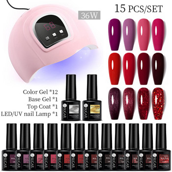 UR SUGAR 15Pcs 9Pcs Glitter Nail Gel Polish Σετ με 36W Κιτ στεγνωτηρίου με λάμπα νυχιών με Bose Gel And Top Coat Nail Art Varish Manicure