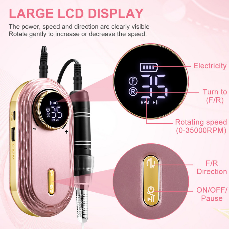 YBLNTEK 35000RPM körömfúrógép HD LCD kijelzővel, újratölthető körömfúró csiszoló manikűr körömfúró géphez