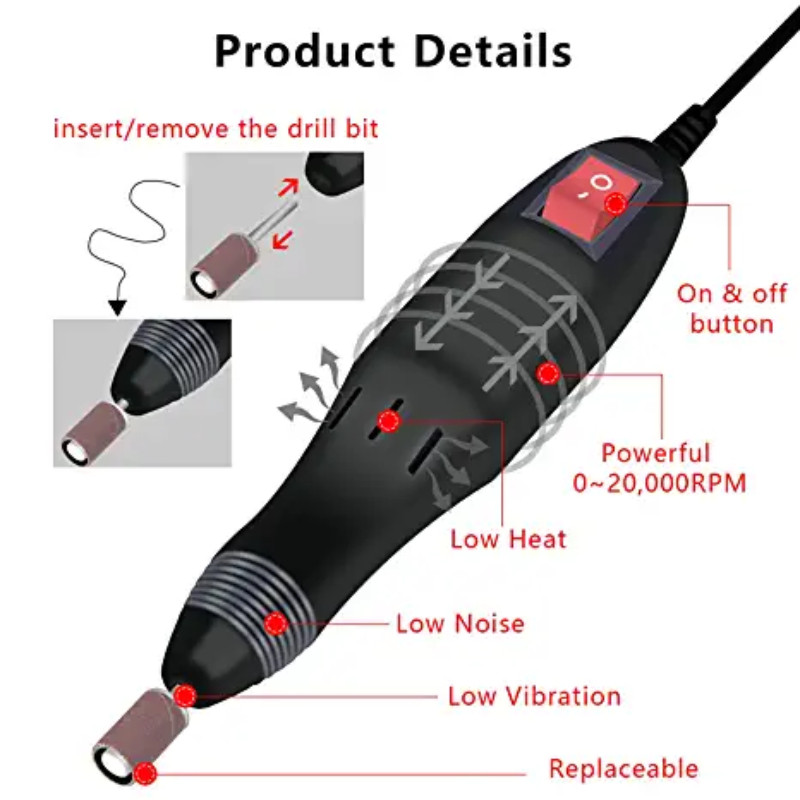 20000 RPM elektrinių nagų gręžimo staklių frezavimo staklių rinkiniai Elektriniai nagų šlifuoklio rinkiniai 12W nagų gręžimo antgalių nagų įrankių rinkinys