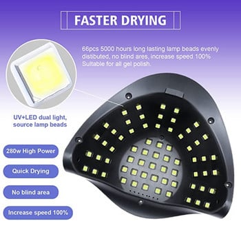 Λάμπα LED 280W UV για νύχια Επαγγελματική λάμπα στεγνώματος νυχιών με ρυθμιζόμενη λάμπα αυτόματης ανίχνευσης 4 χρονοδιακόπτη για ωρίμανση Gel Polish