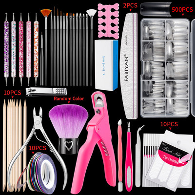 Set de instrumente pentru arta unghiilor, cu perii de unghii, stilou de cristal, 500 buc. Sfaturi pentru unghii, tăietor de unghii, foarfece, accesorii franțuzești pentru autocolante pentru unghii
