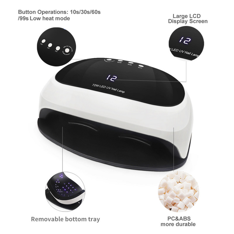 Cea mai nouă lampă pentru unghii de 72W de mare putere cu buton temporizator Senzor inteligent Ecran LCD Uscător de unghii cu spațiu mare Lămpi UV LED