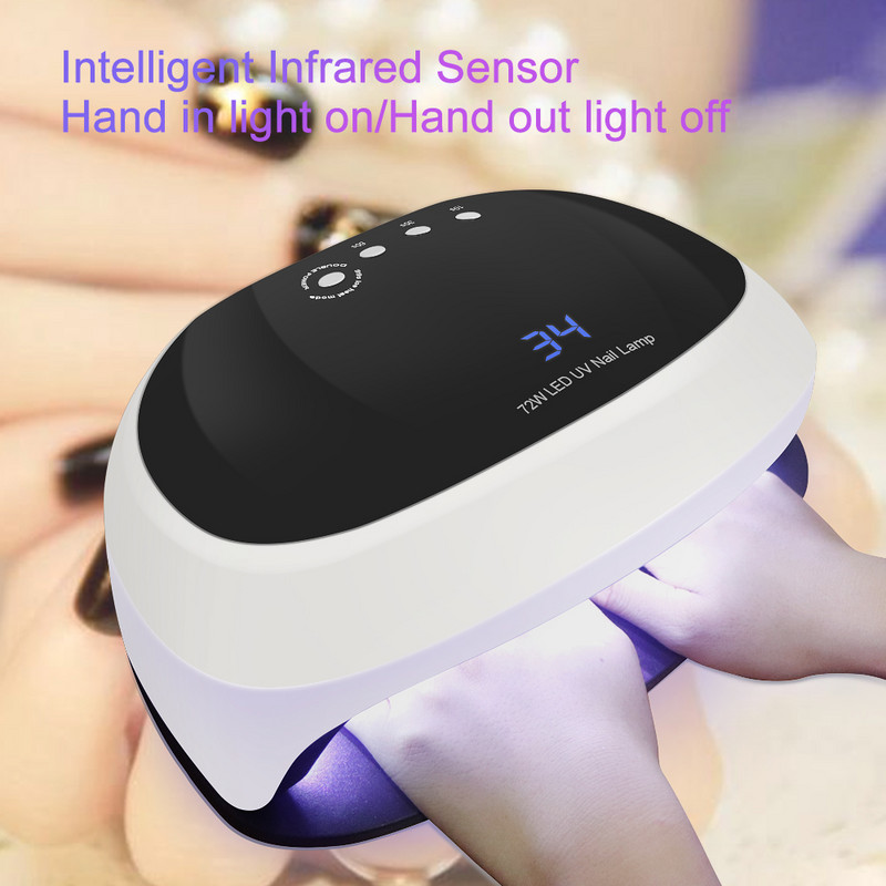 Cea mai nouă lampă pentru unghii de 72W de mare putere cu buton temporizator Senzor inteligent Ecran LCD Uscător de unghii cu spațiu mare Lămpi UV LED